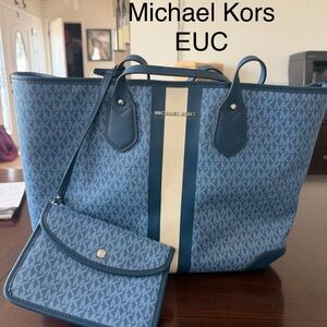 Michael Kors Blue and Cream Stripe Monogram Tote with Wristlet